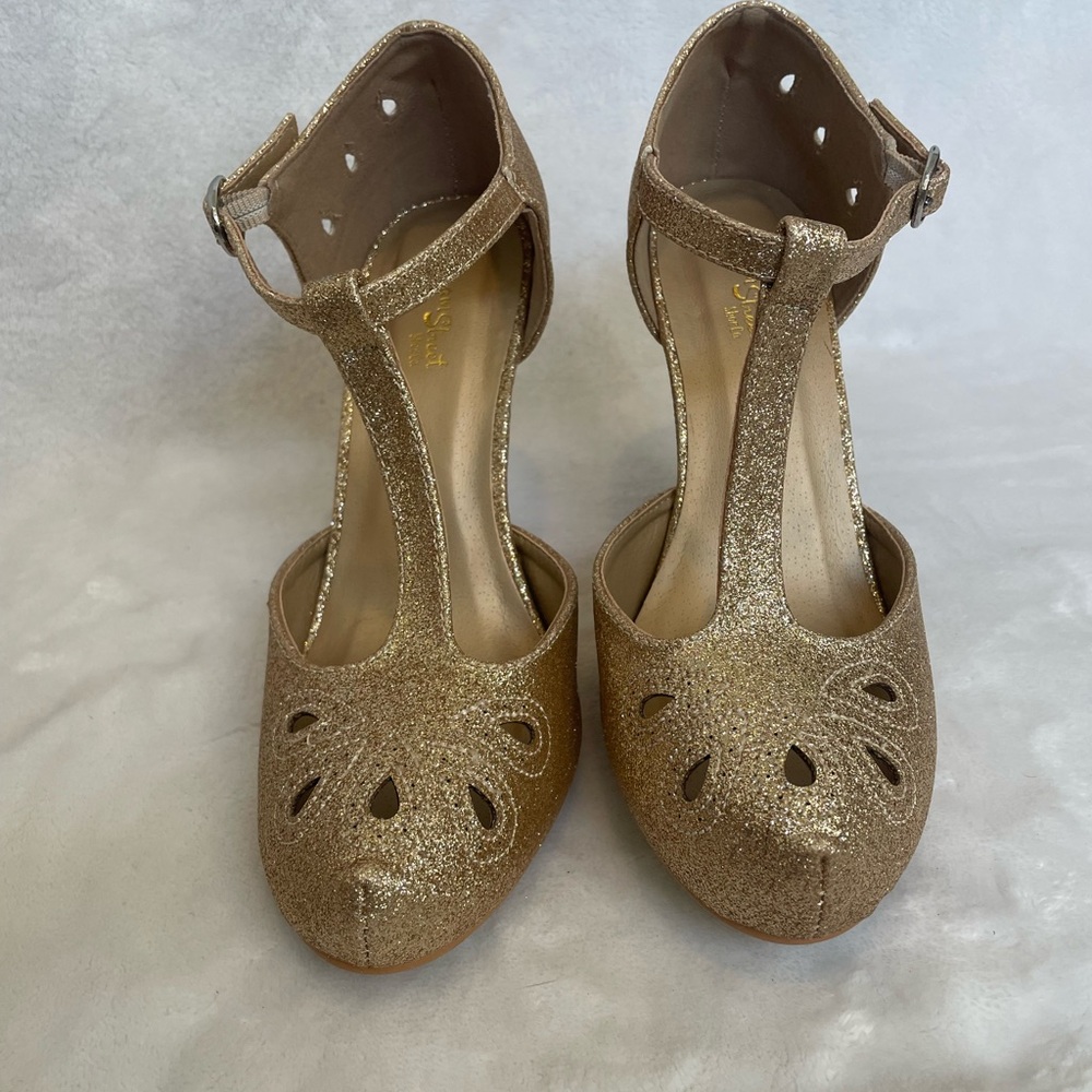 Gold Glitter T-Strap Heels - Picture 2 of 5